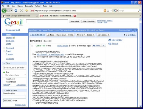 Vanish mit Google Mail (Screenshot: Universit&auml;t von Washington)