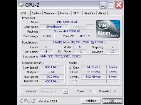 Eee PC T91 untertaktet. Im Ruhebetrieb drosselt die CPU von 1 GHz auf 600 MHz herunter.