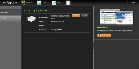 Memeo - Weboberfl&auml;che