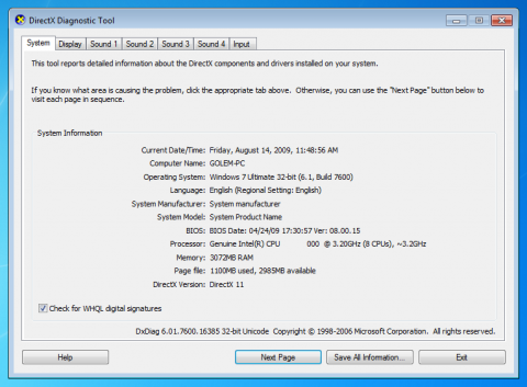 DXDiag erkennt DirectX 11.