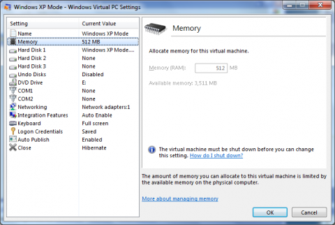 Windows-XP-Modus RC: Arbeitsspeicherzuteilung