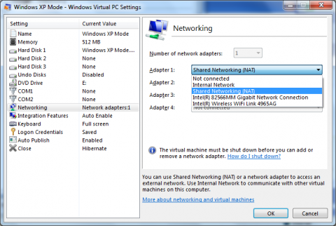 Windows-XP-Modus RC: verf&uuml;gbare Netzwerkoptionen