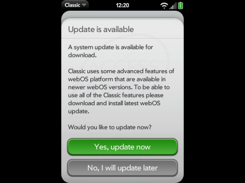 Classic 2.0 mit Hinweis auf nicht installiertes WebOS-Update