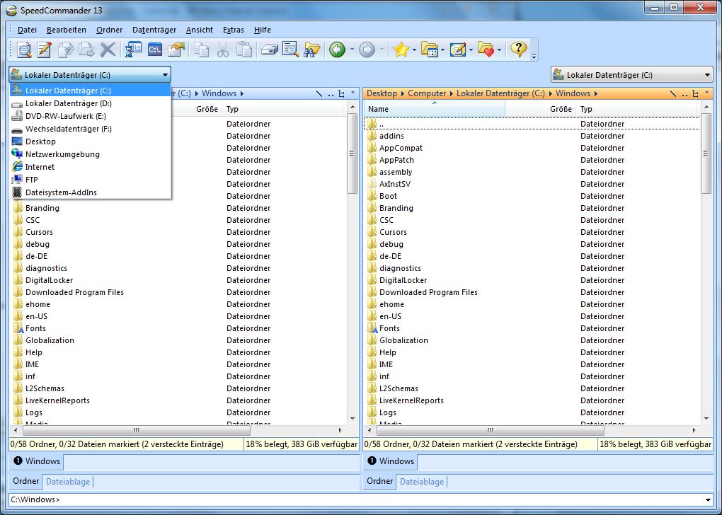 Speedcommander 13 mit Laufwerken als Drop-down-Liste