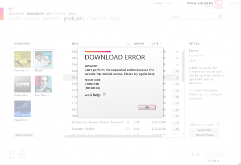 Download-Error beim Versuch, die kostenlose Folge Dexter 4.1 mit einer deutschen IP herunterzuladen.