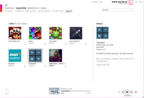 Viel mehr als diese Anwendungen gibt es im Appstore bisher nicht. Unten zu sehen: Ein Video l&auml;uft parallel. Die Zune-Software ist bei der Bedienung deutlich schneller als Apples iTunes.