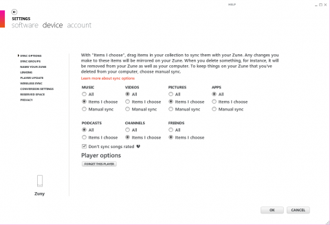Die Sync-Einstellungen sind detailliert.