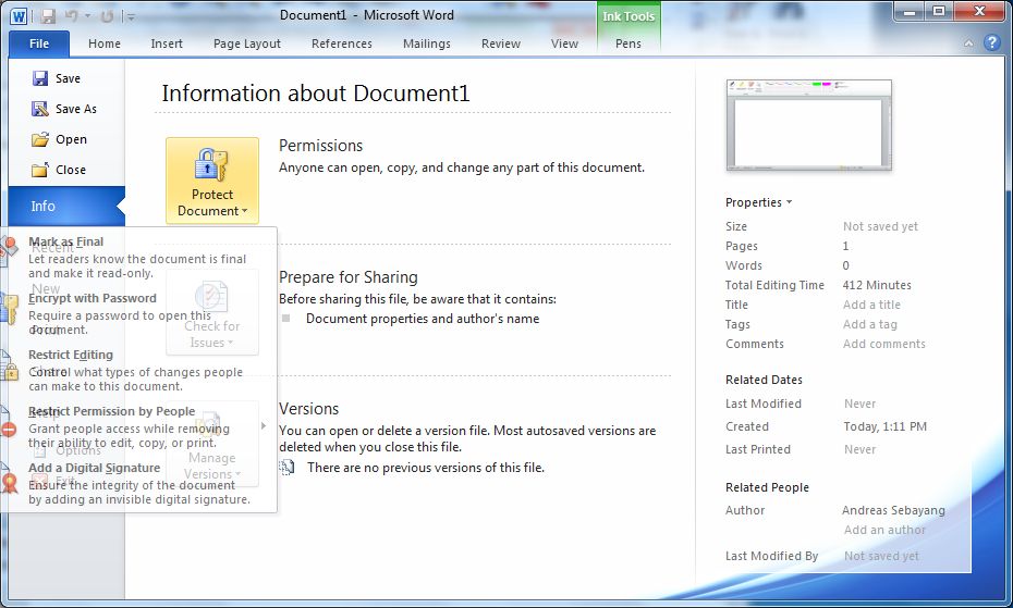 Zugangsbeschränkungen. Hier in Word 2010