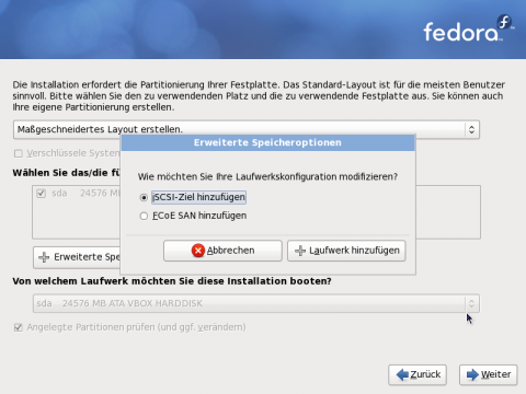 Eine Installation auf iSCSI-oder FCoE-Netzwerkplatten ist m&ouml;glich.