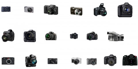 Von links nach rechts und von oben nach unten: Ricoh GR Digital III, Casio Exilim Hi-Zoom EX-H10, Sony Cyber-shot DSC-H20, Fujifilm FinePix F200 EXR, Nikon Coolpix P90, Canon EOS-1D Mark IV, Nikon D3s, Pentax K-7, Sony A380, Samsung NX, Olympus E-620, Hasselblad H4D-60, Leica M9, Sony A850, Ricoh CX2, Olympus Pen E-P1, Ricoh GXR, Canon EOS 7D, Leica S2
