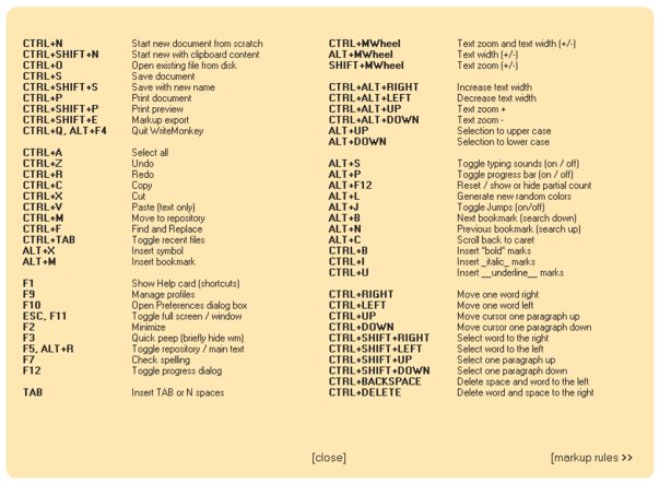 Writemonkey - Tastaturkürzel