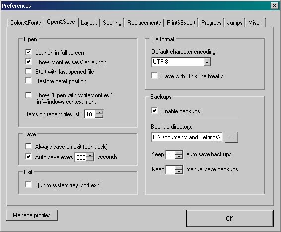 Writemonkey - Konfigurationsmenü