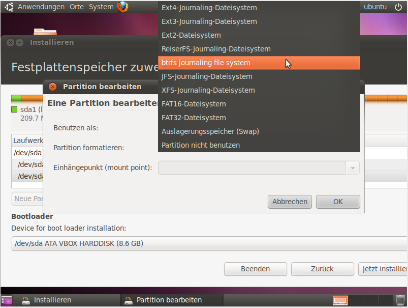 Als Dateisystem bietet der Installer auch das noch als experimentell geltende Dateisystem Btrfs an.