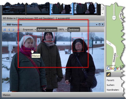 Geosetter mit erkannten Gesichtern auf Picasa