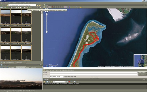 Die Bilder werden markiert und dann mit der Strecke synchronisiert - die Positionsbestimmung erfolgt durch Abgleich der Uhrzeit von Bild und GPS-Aufzeichnung.