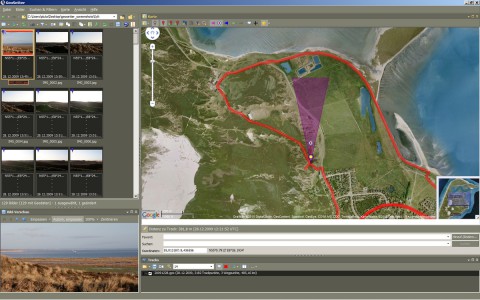 Wird der angeklickt, blendet Geosetter die Aufnahmerichtung als farbiges Dreieck ein. Das Hauptmotiv ist der bunte Punkt.