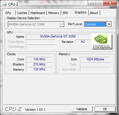 Die Geforce GT 335M im Ruhemodus.