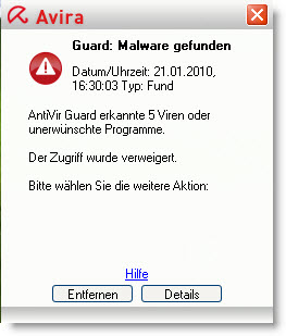 Avira Antivir 10 - Fundmeldung