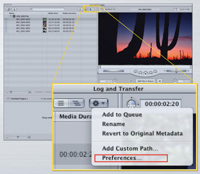 EOS Movie Plugin-E1 - "Loggen und Übertragen" in Final Cut Pro einstellen