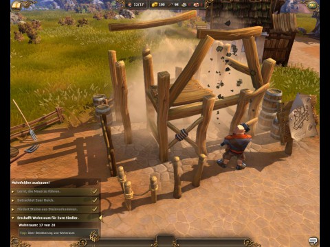 Ein Siedler kl&ouml;ppelt in wenigen Augenblicken ein Geb&auml;ude zusammen.