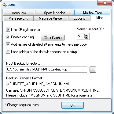 Einstellungen in IMAPSize