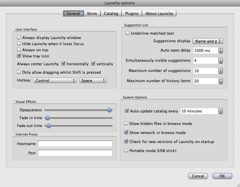 Launchy Mac OS X - Optionen