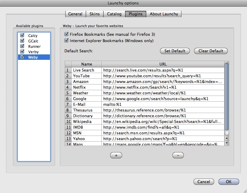 Launchy Mac OS X - Optionen