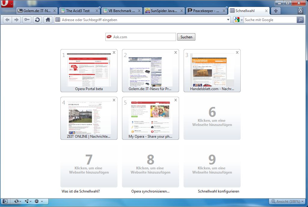 Opera 10.50 - leere Seite mit Schnellwahlfeldern
