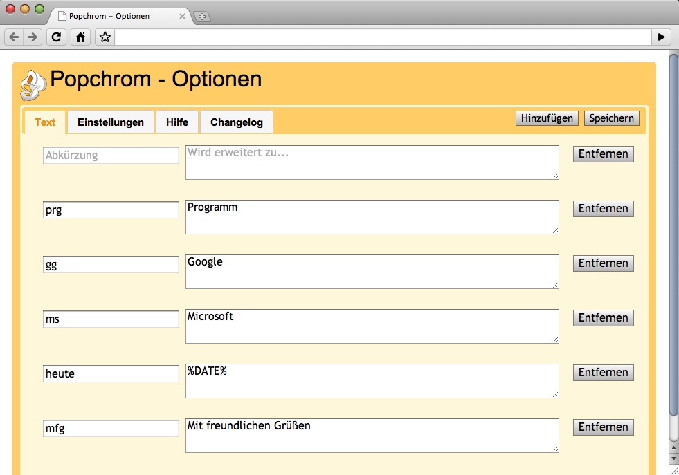 Popchrom-Erweiterung für Google Chrome - Textkürzelliste