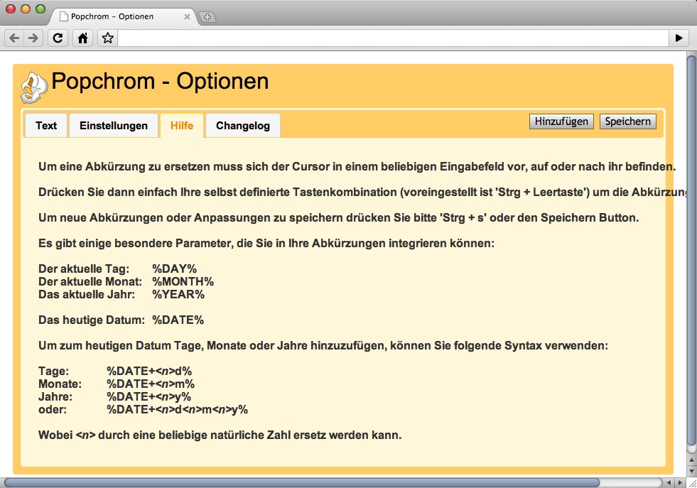 Popchrom-Erweiterung für Google Chrome - Hilfefunktion