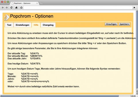 Popchrom-Erweiterung f&uuml;r Google Chrome - Hilfefunktion