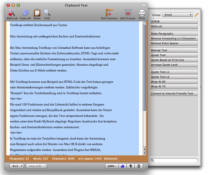 Textsoap Hauptfenster - Umlaute umwandeln in ae, oe, ue, ss