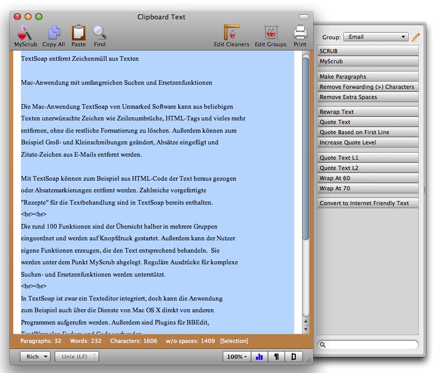 Textsoap Hauptfenster - Text neu umgebrochen