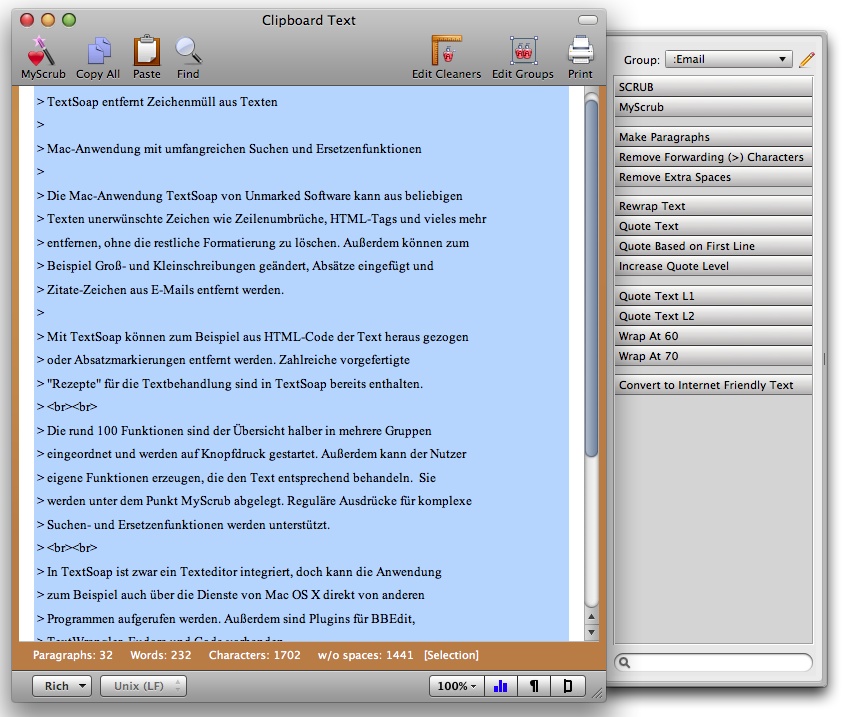 Textsoap Hauptfenster - Zitat-Zeichen eingefügt