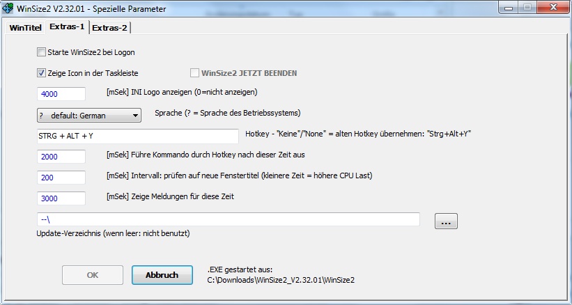 WinSize2 - Optionen beim Öffnen eines Programms<br>