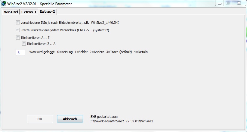 WinSize2 - Optionen beim Öffnen eines Programms<br>