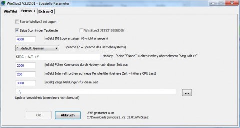WinSize2 - Optionen beim &Ouml;ffnen eines Programms<br>
