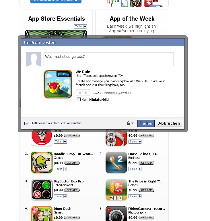 App Store auf Facebook - App ins eigene Profil posten