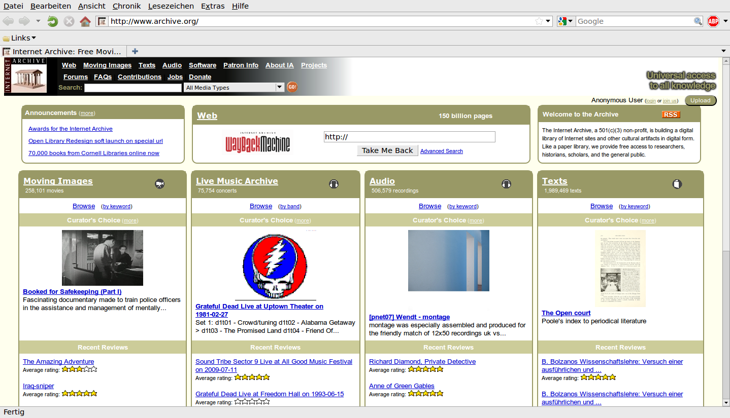 Die Webseite des Internet Archives