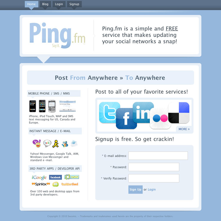 Startseite von Ping.fm