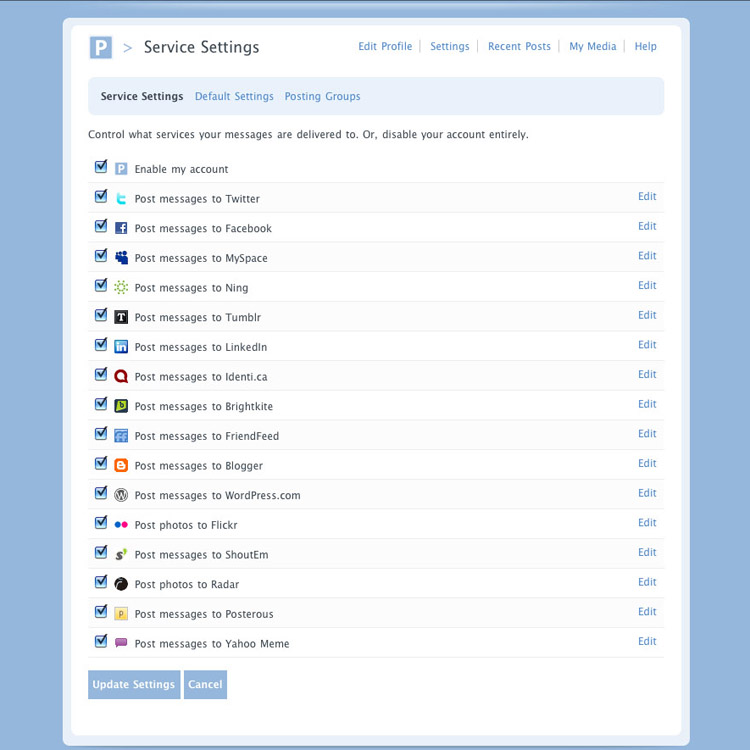 Ausgewählte Netzwerke in Ping.fm