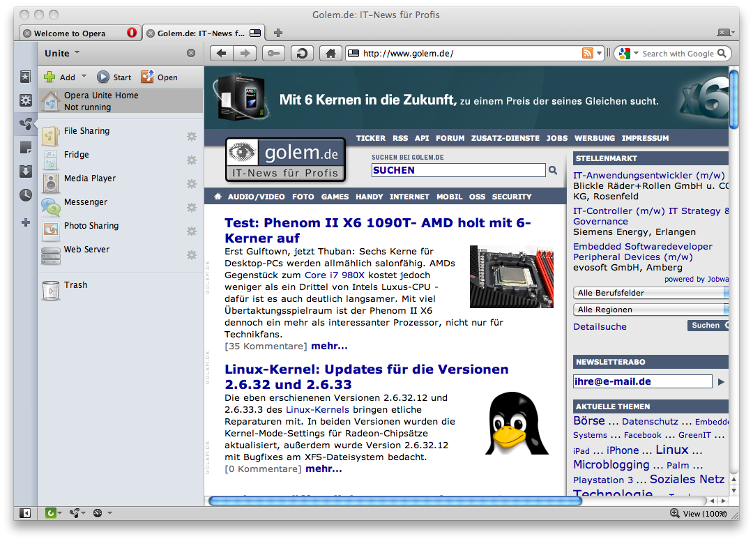 Opera Unite in der Seitenleiste