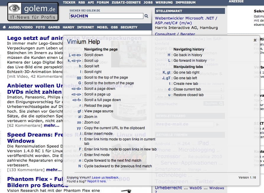 Vimium - Hilfefunktion