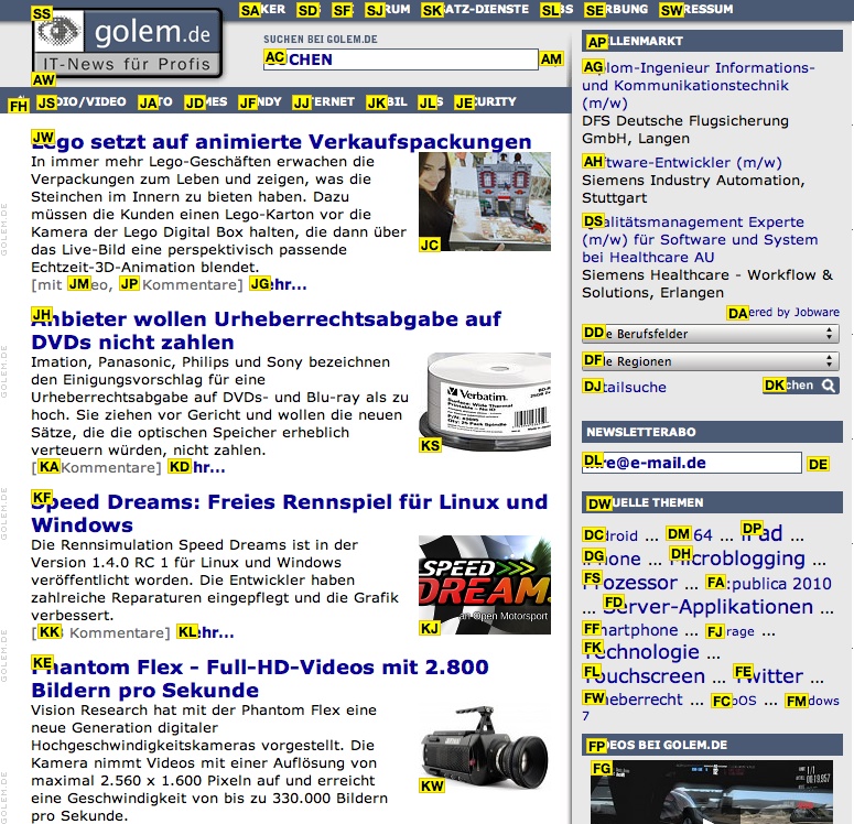 Vimium - Ansteuerung von Links über Buchstabenkombinationen