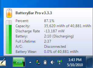 Nur vom Akku versorgt: Laut Batterybar werden 13 Watt aufgenommen.