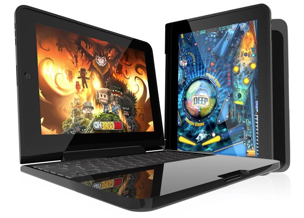 Clamcase einmal als klassisches Notebook und im Hintergrund hochkant aufgestellt