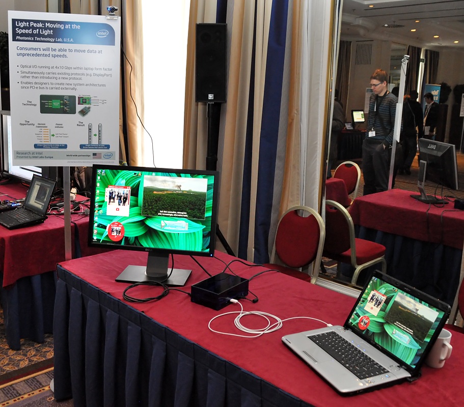 Monitor und Webcam laufen über das weiße optische Kabel.