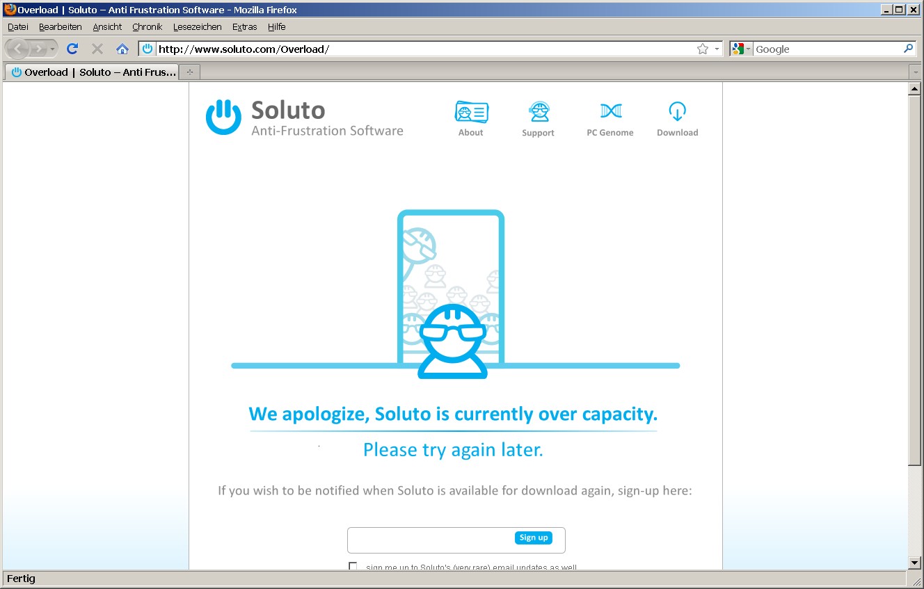 Soluto - Downloadseite am Mittwoch Morgen