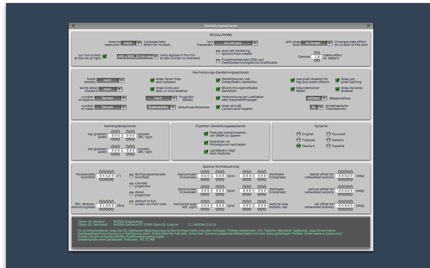 Einstellungen in X-Plane 9 für den Test