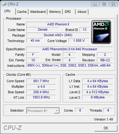 CPU-Z zeigt die Taktsenkung auf 800 MHz an.